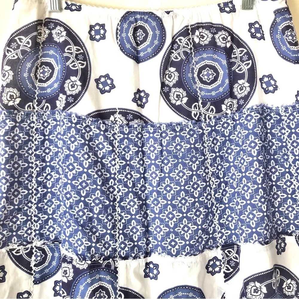 Eddie Bauer Y2K Blue White Paisley Tiered Maxi Skirt 100% Cotton Lined 10 Petite